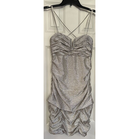 Arden B Dresses & Skirts - Arden B Vintage Glitter Dress L Large Gold Silver Ruffles Rhinestone Straps
